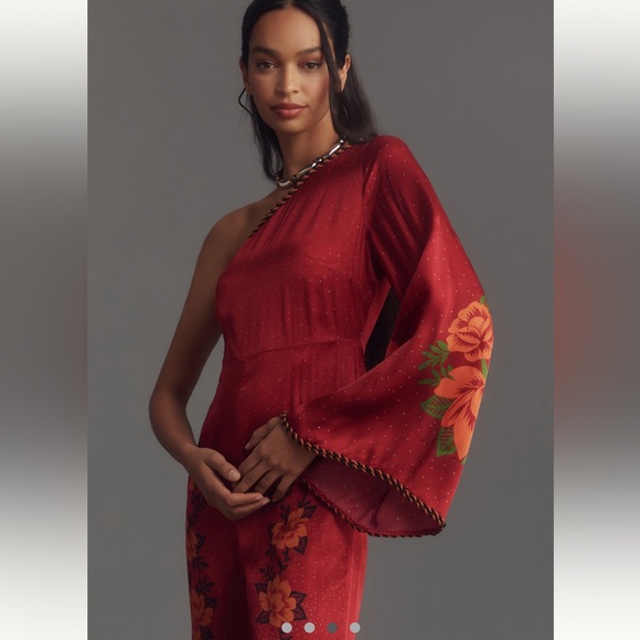 NWT FARM RIO X ANTHROPOLOGIE One Shoulder Printed Satin Jumpsuit - Picture 11 of 13
